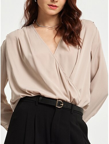  Blusa de manga larga para mujer, top de trabajo esencial informal, blusa cruzada sintética con cuello en V de satén beige