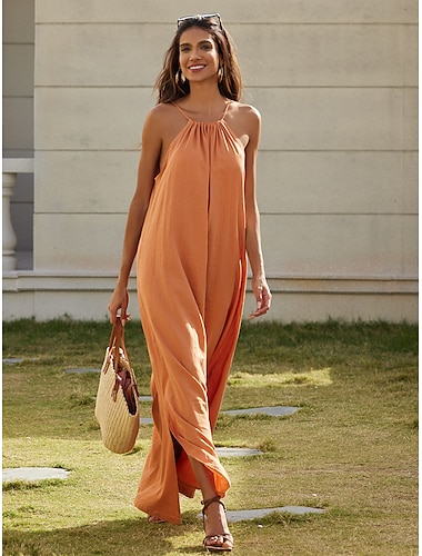  Robe longue en coton et lin pour femmes, orange, décontractée, essentielle, col licou, coupe ample, vêtements de villégiature, robe de vacances