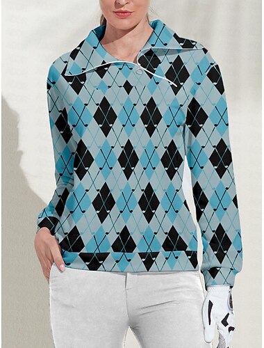  Women's Golf Pullover Sweatshirt White Light Blue Long Sleeve Top Plaid Fall Winter Ladies Golf Attire Clothes Outfits Wear Apparel