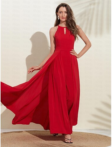 Damen Hochzeitsgast tragen Cocktail Jumpsuit rot halb formal elegant romantisch Neckholder