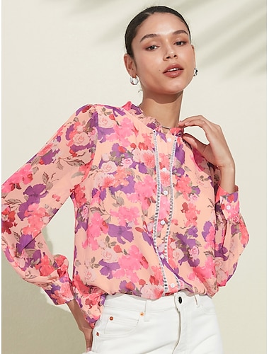  Women's  Floral Print Chiffon Shirt Long Sleeve Notched Neckline Pink Buttoned Blouse