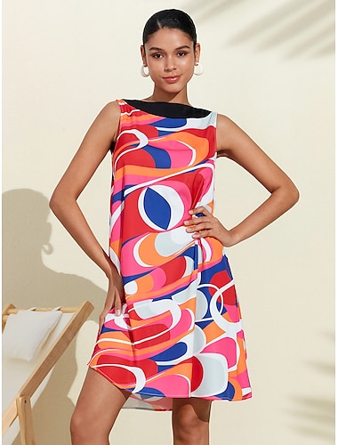  vestido de cetim com estampa geométrica colorida e simplificada
