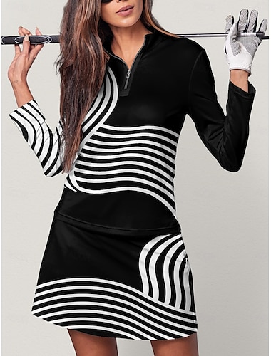  Damen poloshirt Schwarz Langarm Shirt Streifen Damen-Golfkleidung, Kleidung, Outfits, Kleidung