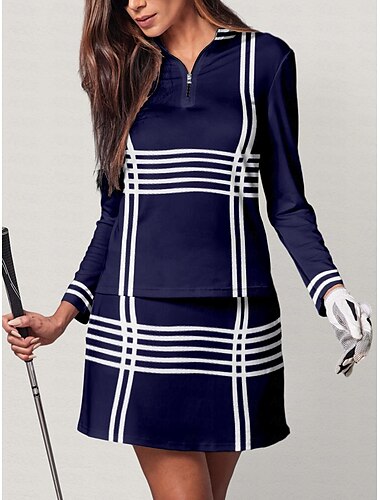  Mulheres Camisa polo de caminhada Branco Azul Escuro Manga Longa Blusas Listra Roupas femininas de golfe, roupas, roupas, roupas