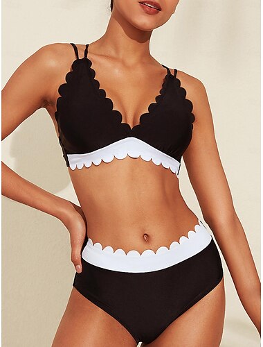  ensemble de bikini triangle long à bordure pétale noir et blanc