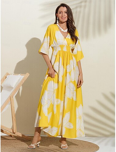  Satin Yellow Flower Print Corset Beach Dress
