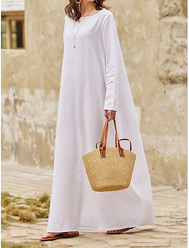  Damen Weißes Kleid kleid lang Leinen Tasche Urlaub Strand Maxi Basic Rundhalsausschnitt Langarm Weiß Farbe