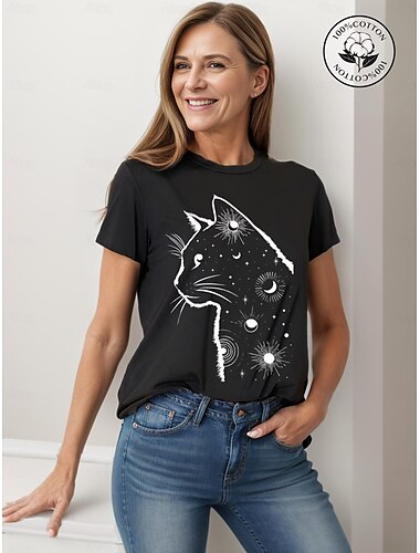  Mujer Camiseta 100% Algodón Gato Estrella Hogar Casual Diario Estampado Manga Corta Escote Redondo Negro Otoño Primavera verano