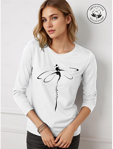  Damen T Shirt 100% Baumwolle Libelle Bedruckt Täglich Wochenende Modisch Langarm Rundhalsausschnitt Weiß Frühling & Herbst