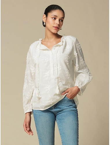  Blusa feminina casual de algodão bordado floral branca manga bufante meio botão blusa solta