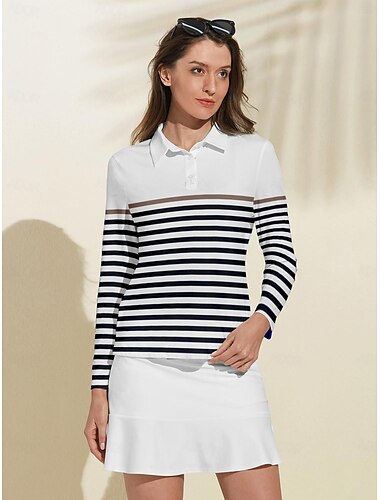  Women's Golf Polo Shirt White Long Sleeve Sun Protection Top Stripes Fall Winter Ladies Golf Attire Clothes Outfits Wear Apparel