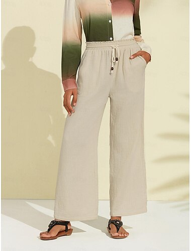  Women's Cotton Pants Beige Essential Casual Elastic Waist Straight Leg Loose Fit Pants