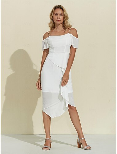 Women's Chiffon Special Occasion White Drop Shoulder Asymmetric Elegant Wedding Guest Midi Dress