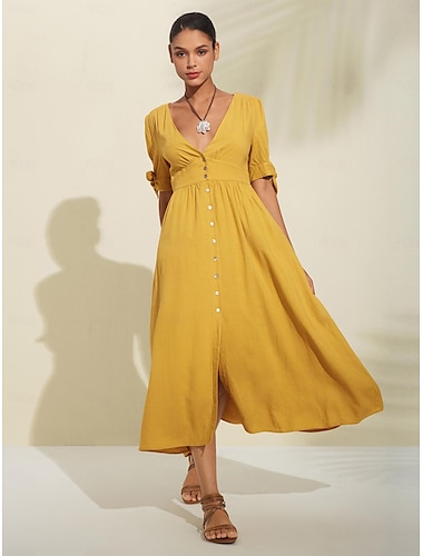  Women's Linen Blend Yellow Bow Detail Midi Tea Dress