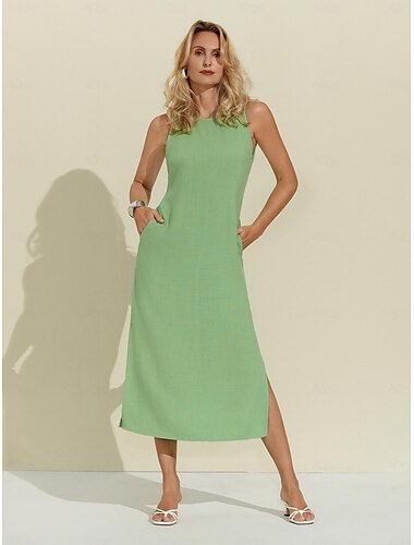  Women's Linen Blend Green Daily Casual Side Slit Loose Fit Tank Midi Dress