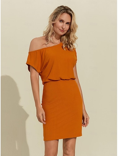  kvinners rayon casual oransje høy elastisk strikket drop skulder knelang kjole