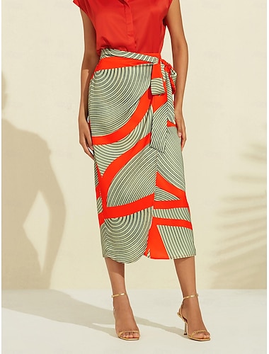  Satin Color Block Elastic Waist Midi Skirt