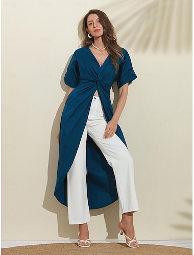  Women's Cotton Blouse Blue Front Twist V-Neck Loose Fit