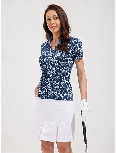  Women's Golf Polo Shirt Navy Short Sleeve Sun Protection Lightweight Top Floral Leaf Ladies Golf Attire Clothes Outfits Wear Apparel