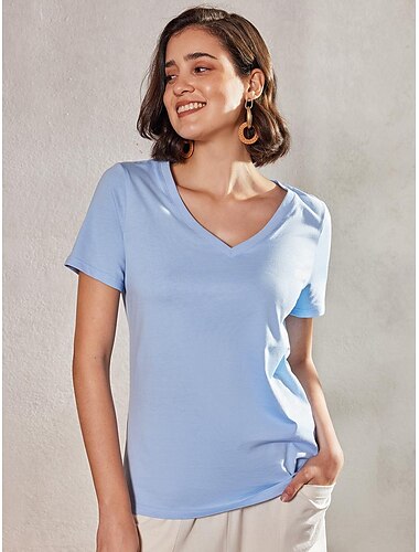  Damen Hemd Bluse 100% Baumwolle Glatt Casual Basic Modern Kurzarm V Ausschnitt Schwarz Sommer