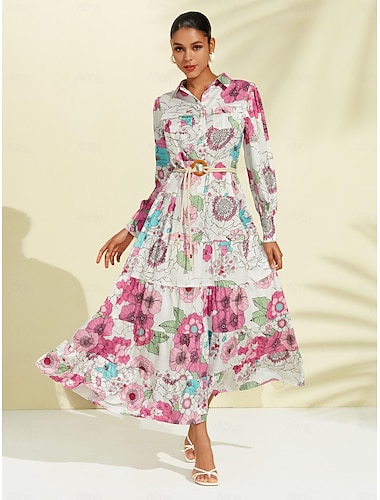  Floral Belted Pocket Maxi Shirt Dress