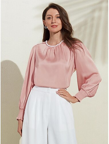  semi-formell bluse for kvinner, rosa sateng, elegant bluse med rund hals med mansjetter