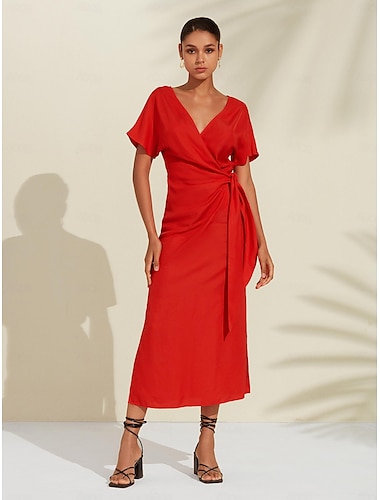 Women's Tencel Linen Orange Red V Neck Shirred Wrap Midi Dress