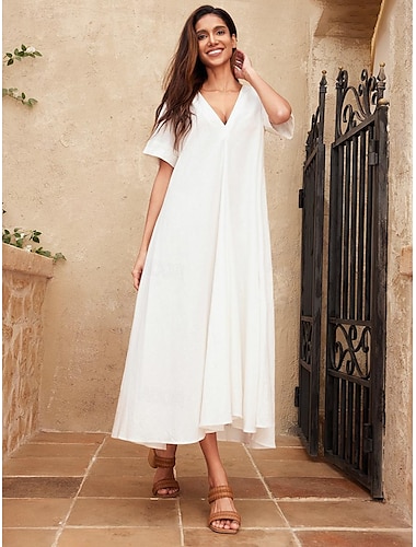  Robe longue trapèze en lin mélangé blanc pour femmes, col en V