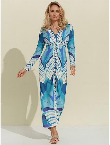  Geometric Print V-Neck Maxi Dress