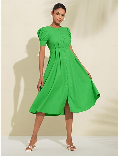  Damen Leinen-Baumwoll-Hemdkleid grün A-Linie Midikleid Puffärmel Knopfleiste vorne lässig elegant Sommer