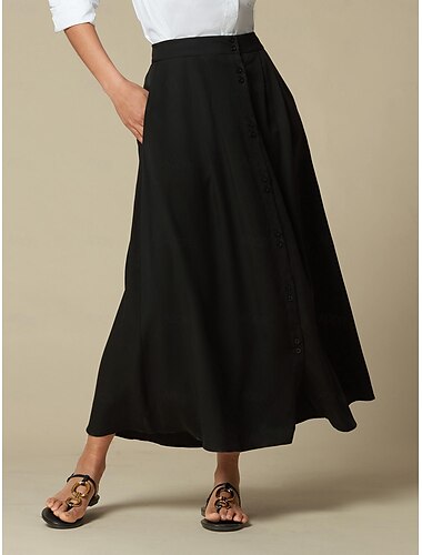  Falda larga prarie con bolsillo y botones en tencel negro para mujer
