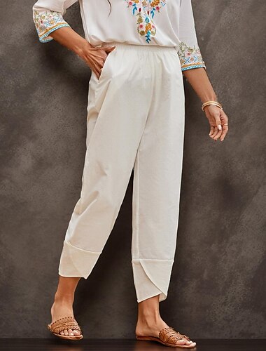  55% Linen Women's Blue Linen Pants Plain Straight Pocket Basic Casual Chinos Pants Splice Cropped Trousers Summer Spring