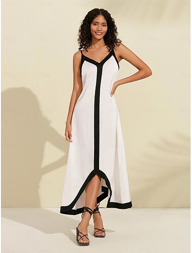  Women's White Slip Maxi Dress Satin Color Block V Neck Vacation Dress
