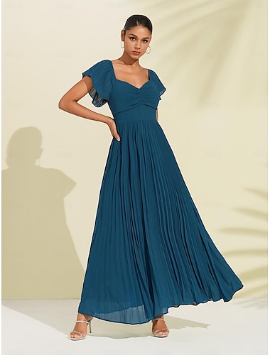  Damen Chiffon Maxikleid Elegant Blau Herzförmiger Ausschnitt Plissee V-Ausschnitt Kurzarm A-Linie Abendkleid