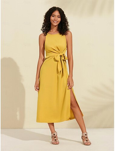  Women's Elegant Midi Dress Tencel Linen Yellow Tie Front Sleeveless Dress