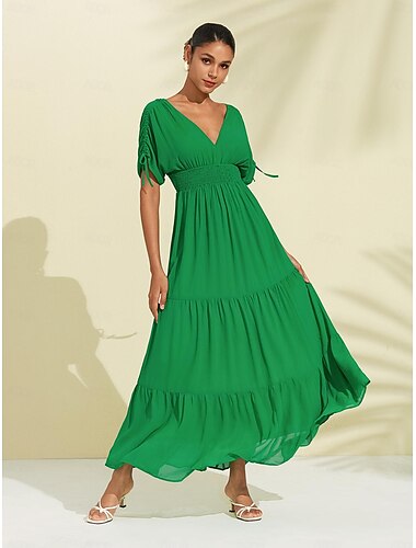  kvinders chiffon grøn grime v-hals binde bagpå smock maxi kjole
