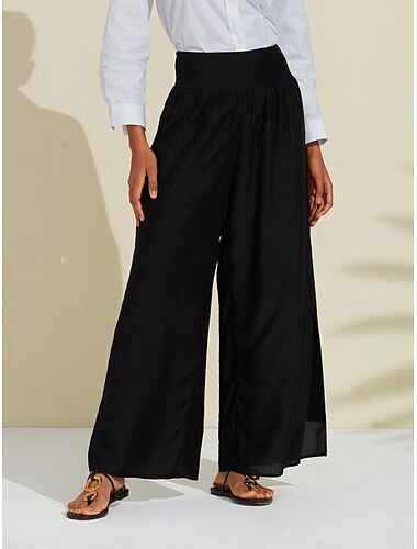  Pantalones negros de pierna ancha para mujer, pantalones fruncidos de rayón de cintura alta