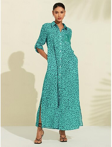  Damen blusenkleid Kleid drucken Maxidress Blau Grün Leopardendruck Ärmel hochkrempeln Pailletten Sommer Hemdkragen Leopardenmuster S M L