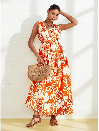  Damen Resort-Kleidung Maxidress Orange Ärmellos Blumen Raffhalter Frühling Sommer V Ausschnitt Strandurlaub XS S M