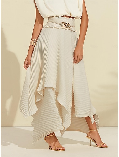  kvinders plisseret maxi nederdel asymmetrisk lommetørklæde søm bælte høj talje flydende elegant afslappet arbejde forår sommer