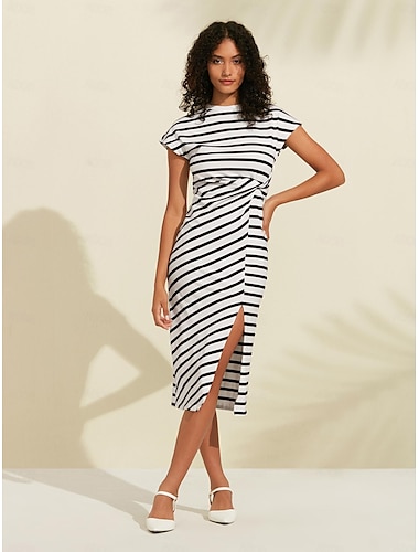  Cotton Blend Striped Short Sleeves Knit Midi Dress