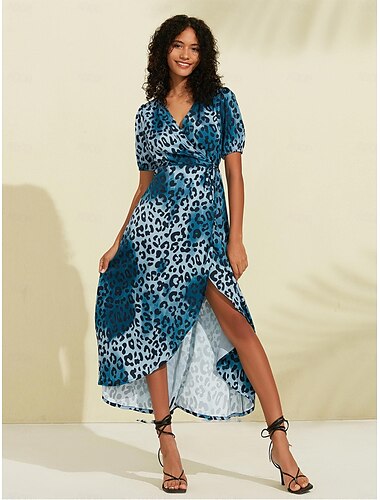  Satin Leopard Print Crossover Maxi Dress