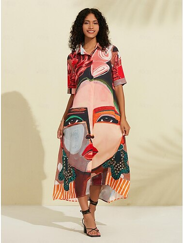  casual maxi-kjole med satengtrykk med menneskelig ansikt