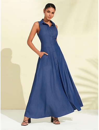  Women's Indigo Lapel Button Up Sleeveless Maxi Dress