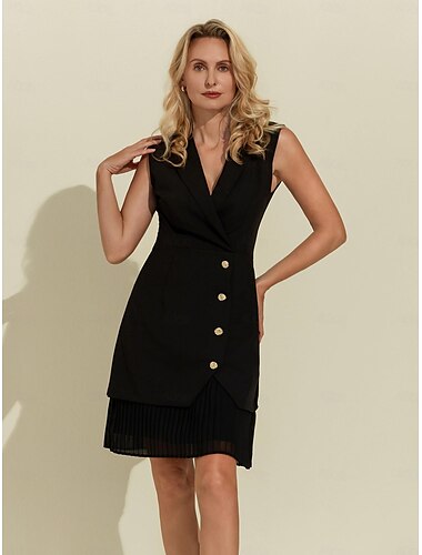  Women's Black Sleeveless Blazer Dress Pleated Button Notch Collar Elegant Party Work Dress