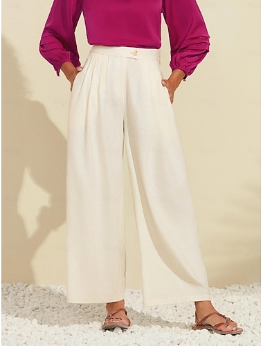  Women's Linen Wide Leg Pants Palazzo Pants Ivory White Elasticated Waist Elegant Office Casual Evening Pants
