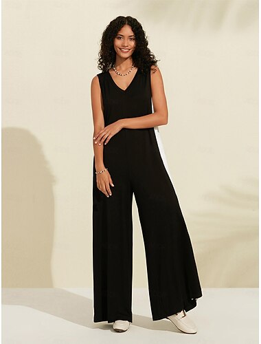  svart jumpsuit for kvinner elegant modal color block v-hals ermeløs jumpsuit med brede ben