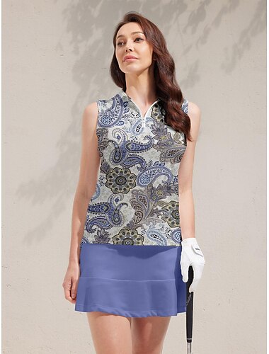 Women's Golf Polo Shirt Blue Sleeveless Top Paisley Ladies Golf Attire Clothes Outfits Wear Apparel