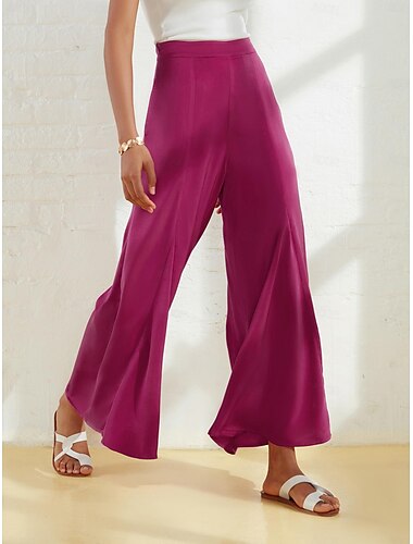  kvinners brede ben bukser burgunder sateng lomme casual elegante loose fit bukser våren sommer