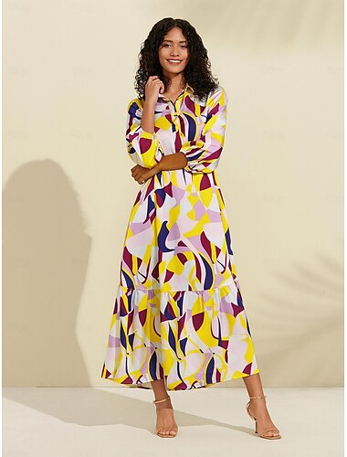  Satin Color Block Pattern Print Maxi Dress